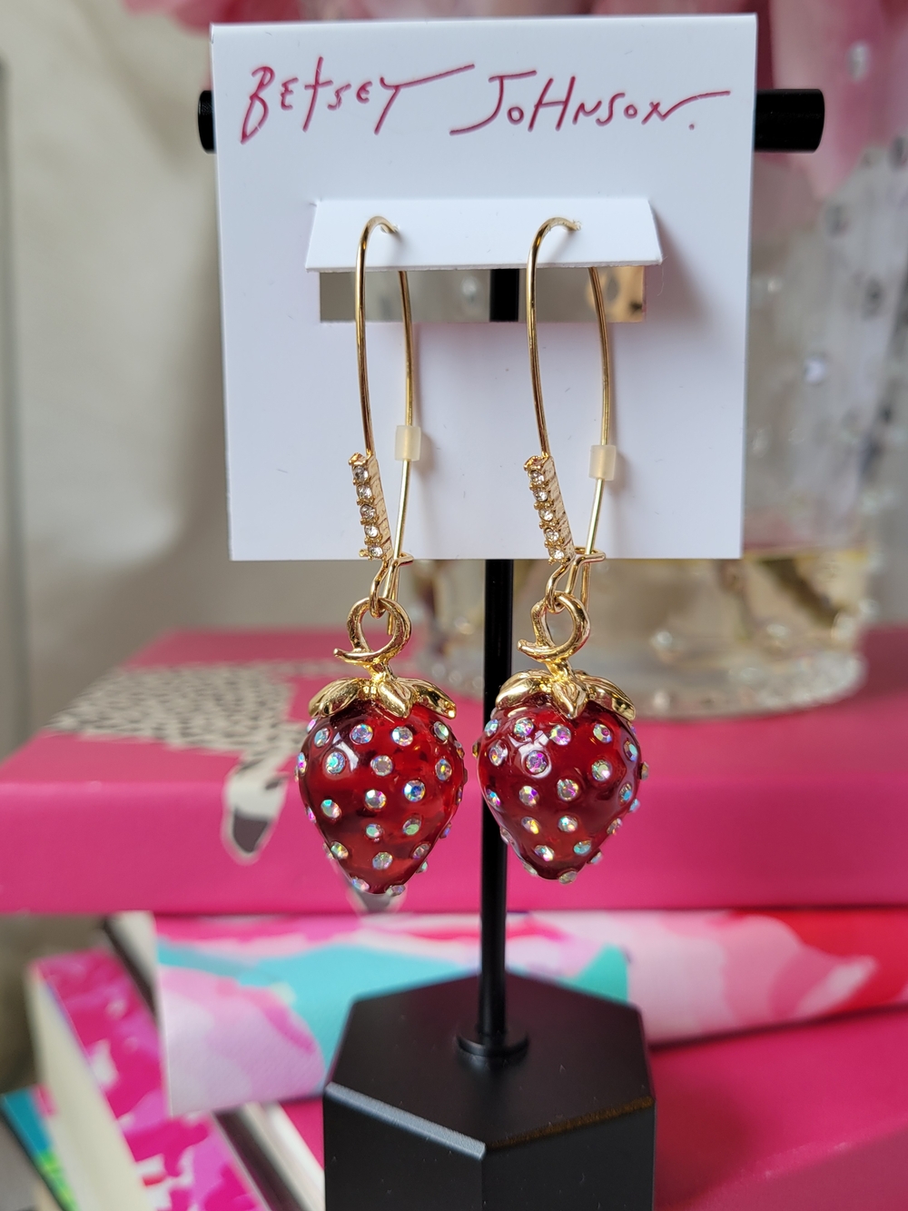 Betsey Johnson Gold-Tone Red Crystal Strawberry Drop Earrings
